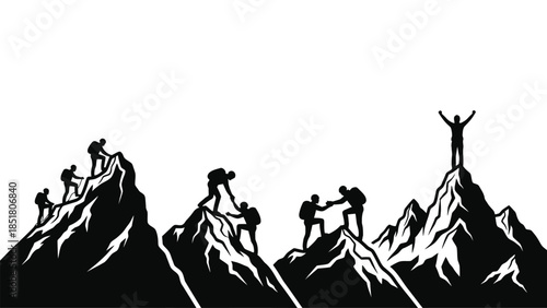 Hikers reach the summit of a mountain, symbolizing success and teamwork.
