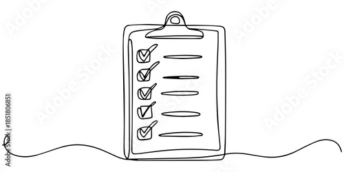 Clipboard with checklist icon continuous one line drawing of outline vector illustration. one line Icon drawing, Single line drawing checklist clipboard and pen, One continuous line drawing