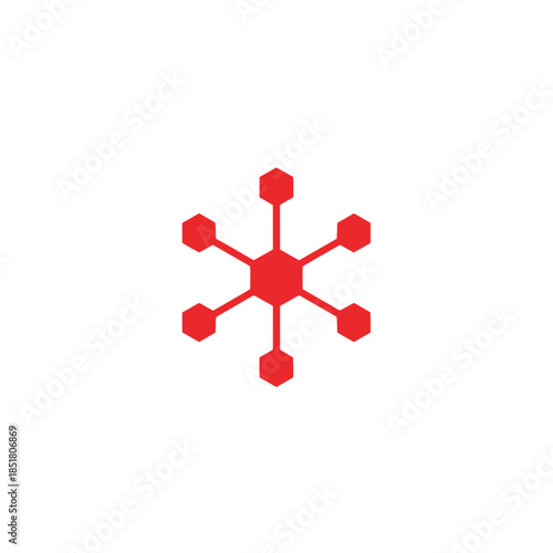A vibrant red molecular structure illustration on a white background viewed from directly above