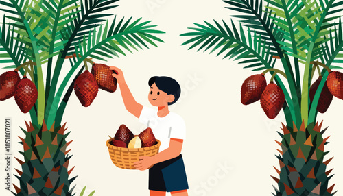 A person harvests spiky red fruits from palm trees, placing them in a basket
