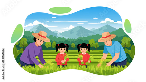 Farming family nurturing rice paddies under a scenic mountainous landscape, promoting agriculture and traditional livelihoods