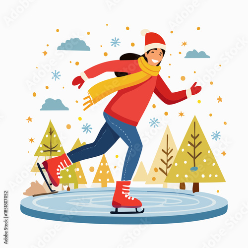 Joyful young woman gracefully gliding across a glistening ice rink, celebrating the fun and refreshing spirit of a wonderful winter season outdoors