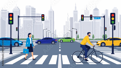 Urban street scene with traffic lights, pedestrians, cyclist, and cars crossing a busy intersection in a modern cityscape