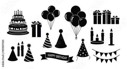 Celebratory icons cake balloons gifts and candles for a birthday occasion