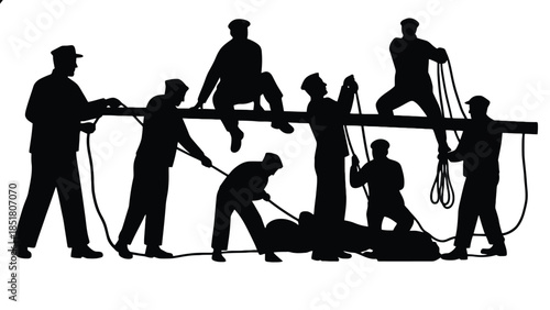 Silhouettes of sailors hauling a large rope on a ship deck.