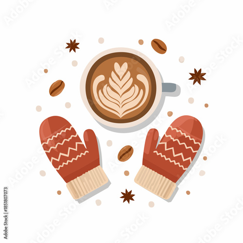 Cozy Winter Coffee Break Flat Lay Illustration with Latte Art, Warm Mittens, and Aromatic Coffee Beans, Capturing a Comforting Seasonal Moment