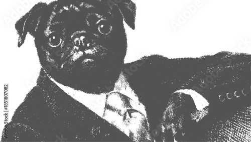 Vintage illustration of a pug dog in a suit and tie. This black and white vector art showcases a dapper canine with a detailed expression.