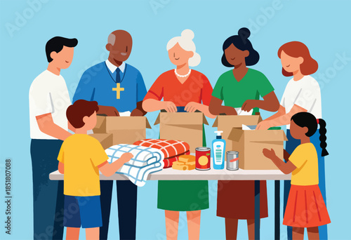 Diverse group packing donation boxes with blankets, food, and toiletries