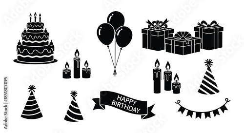 Celebratory icons cake balloons gifts and candles for a birthday occasion