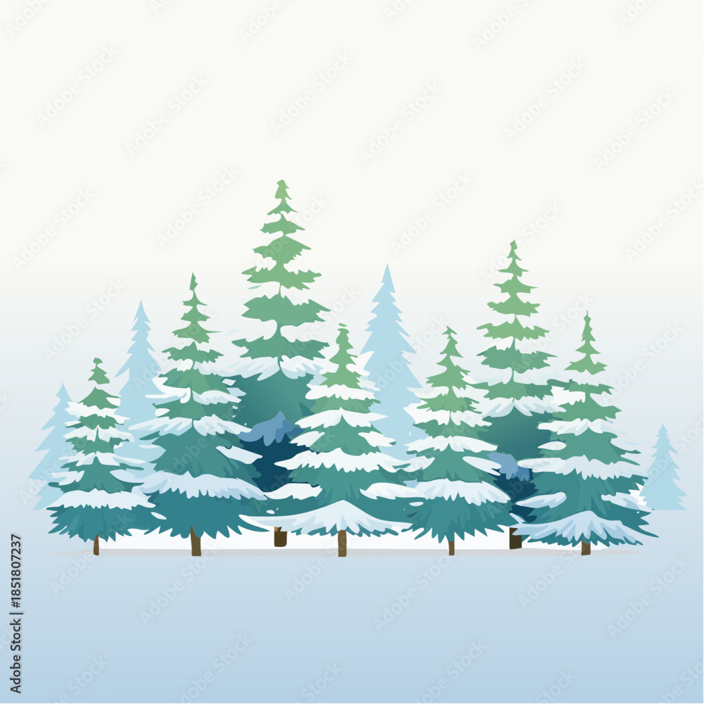 Obraz premium Winter's embrace depicted in a tranquil forest illustration, showcasing snow-covered evergreen trees under a soft, gradient sky, evoking a sense of calm and natural beauty