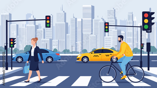 Urban cyclist and pedestrian navigate city intersection with traffic lights and yellow taxi