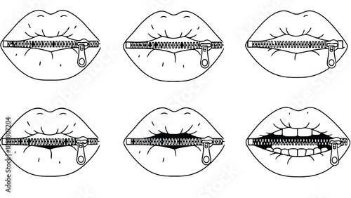 Lips with zippers represent silence and censorship.