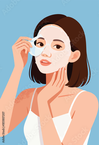 Woman applying a facial sheet mask to her skin