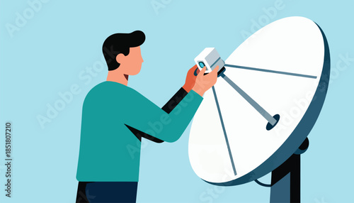 Man adjusting satellite dish receiver with focused hands on a pale blue background