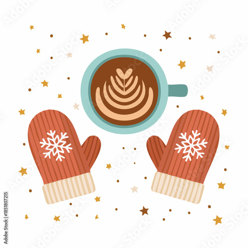 Cozy Winter Scene Warm Cup of Coffee with Latte Art and Mittens Surrounded by Twinkling Stars
