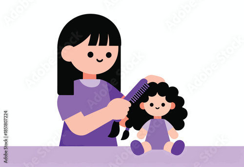 Stylized child combs a toy doll's curly hair with a purple comb