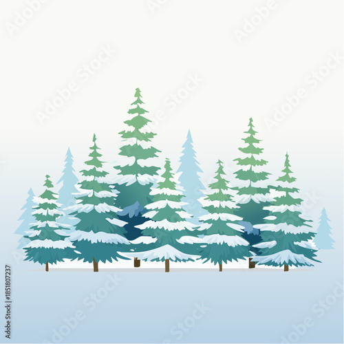 Winter's embrace depicted in a tranquil forest illustration, showcasing snow-covered evergreen trees under a soft, gradient sky, evoking a sense of calm and natural beauty