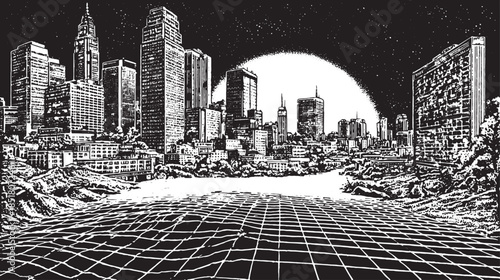 City skyline vector illustration in black and white. Modern abstract design with geometric shapes and lines in a set format.