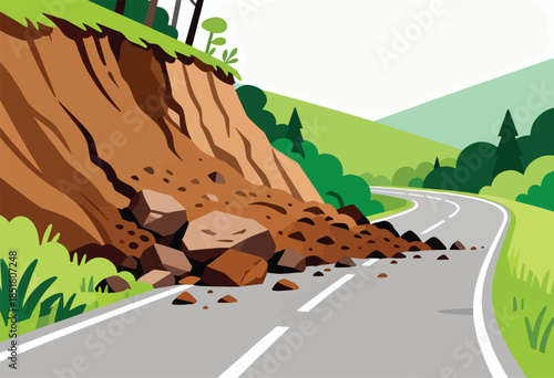 Landslide covers road with rocks and dirt