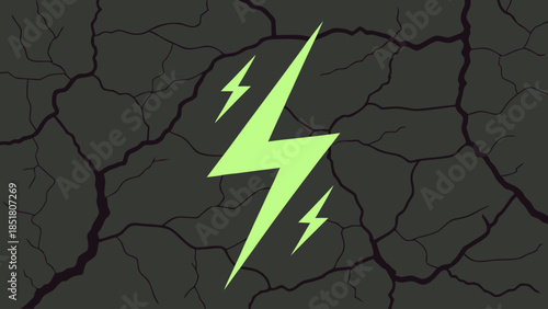 Glowing green lightning bolts on cracked dark background, vector graphic