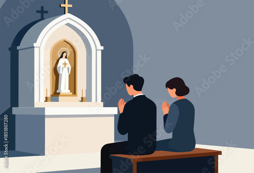 Two people pray at an altar featuring a statue of a robed figure with a cross