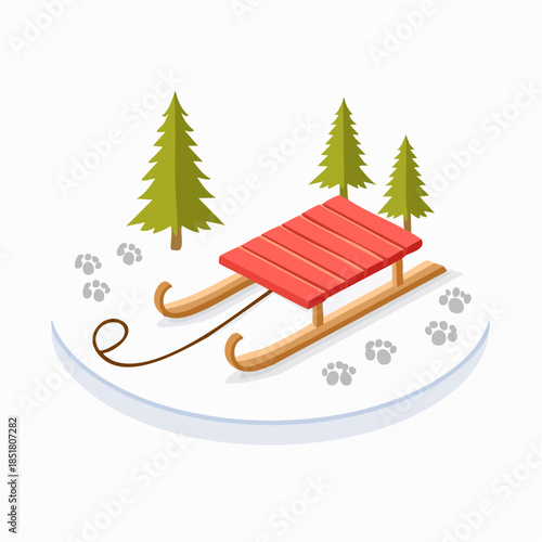 Isometric illustration of a classic red sled on fresh snow with green pine trees and animal tracks. Evokes the joy of winter recreation, seasonal holidays, and frosty outdoor fun