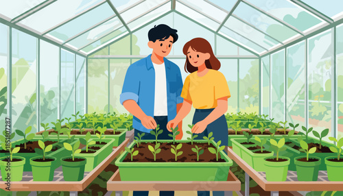 Couple tending to young plants in a bright, sunny greenhouse