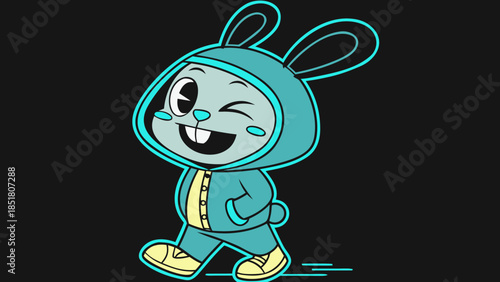 A smiling cartoon rabbit character wearing a teal hoodie with bunny ears, isolated on transparent background