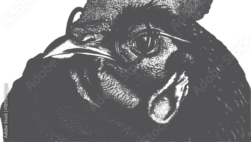 Illustration of a bird head in black and white. Detailed vector art capturing texture and anatomy of the creature in a realistic style.