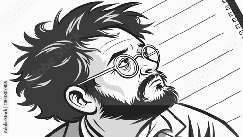 Cartoon Illustration of a Puzzled Scientist or Professor Looking Up