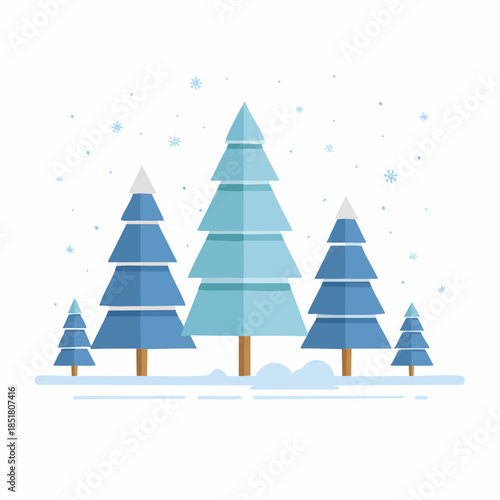 Winter forest landscape with snow falling on evergreen trees, illustration
