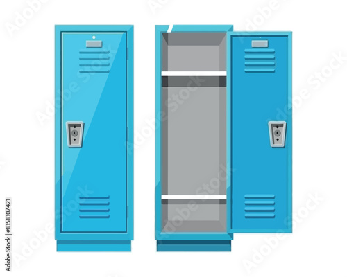 A blue metal locker stands closed next to an open locker with shelves.