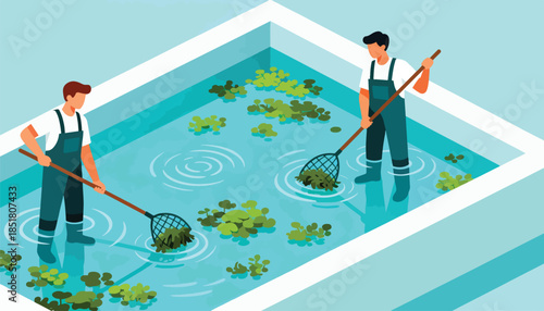 Two individuals in overalls use nets to clear aquatic plants from a clean pool