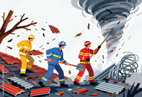 Rescuers work amidst a tornado's aftermath, clearing debris from damaged roofs