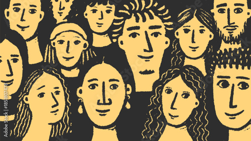 Group of illustrated faces in a modern, colorful style. Simple vector illustration capturing community and diversity in a friendly set.