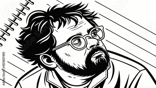 Bearded Man Pondering Idea - Black and White Illustration of Deep Thought & Creativity