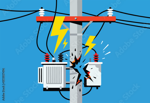 Electrical pole struck by lightning, damaging transformer with sparks