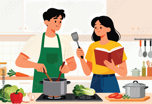 A couple cooks a meal together in a kitchen, following a recipe