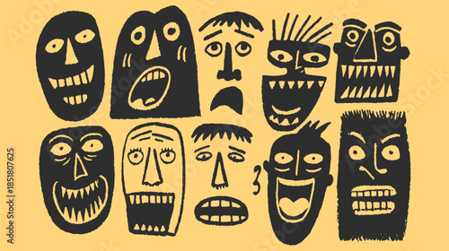 Illustration of diverse faces with various expressions: smile, frown, surprise, and more. Features a bold black-and-white style, perfect for a vector set.