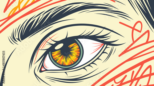 Vivid Illustrative Eye with Golden Iris and Stylized Ornamental Designs