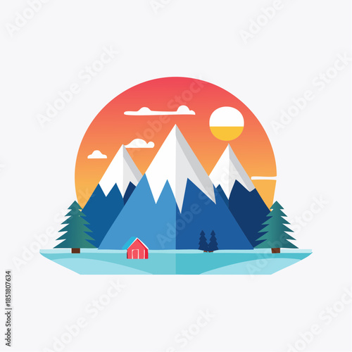 Flat vector illustration of a mountainous landscape with a small house, pine trees, and a sunset sky, representing a serene and peaceful outdoor scene