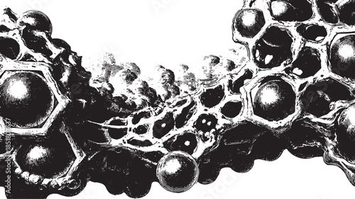 Cell structure in black and white vector illustration. Detailed cellular design with hexagonal patterns and a textured graphic representation.