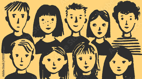 Group of diverse faces illustrated in a simple, modern style. Character vector illustration set against a black and yellow background.