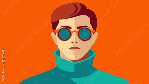 Stylish Man with Round Sunglasses & Turtleneck on Vibrant Orange Background