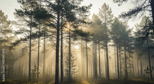 Misty forest with tall trees.