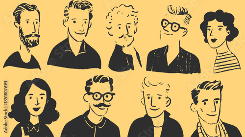 Illustration of diverse individuals in various styles. Flat vector portraits in a colorful design set, showcasing modern graphics.