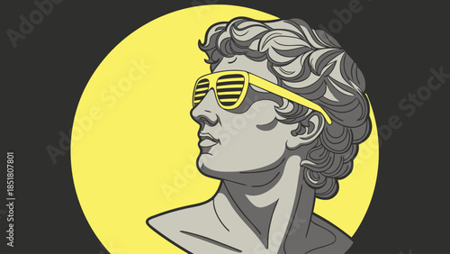 David Bust in Yellow Shutter Shades. Modern Pop Art Illustration of Classical Sculpture with Trendy Eyewear.