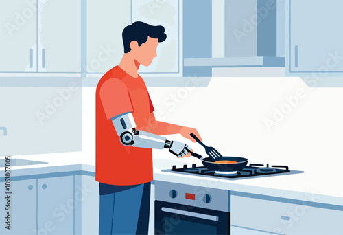 Person with robotic arm cooks breakfast in a modern kitchen