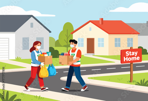 Two masked individuals deliver packages in a residential neighborhood