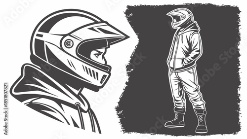 Motocross Rider Helmet & Full Gear Illustration. Off-Road Motorcycle Sport Outfit Vector. Adventure Style.